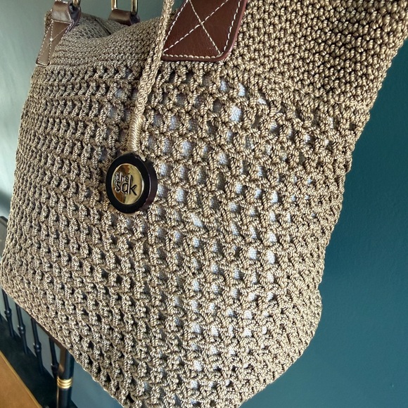 THE SAK Crochet Shoulder Bag | Tan & White | Leather Trim Handles - Picture 6 of 10